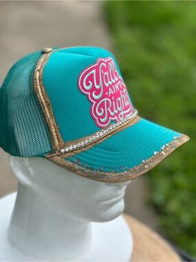 OTTO Teal Trucker Hat with Gold Trim and Pink Patch